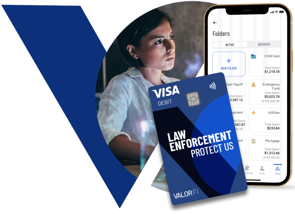 Law Enforcement Protect Us debit card beside savings folders app screen