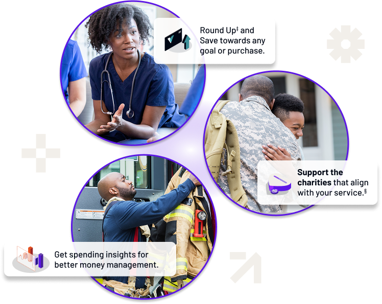 Collage promoting round-up savings, charitable giving, and spending insights